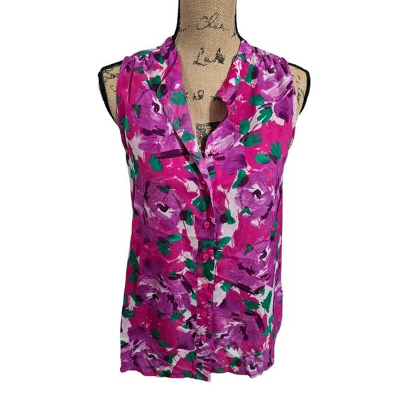 J. Crew Purple Roses and Pink Floral Button Down Tank Top Shirt Size 2 Xs - Picture 1 of 7
